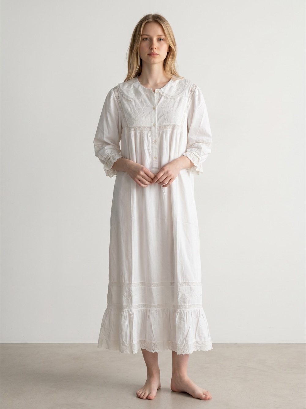 Vintage Style Saybury White Cotton Embroidered Nightgown Dress  Cottagecore